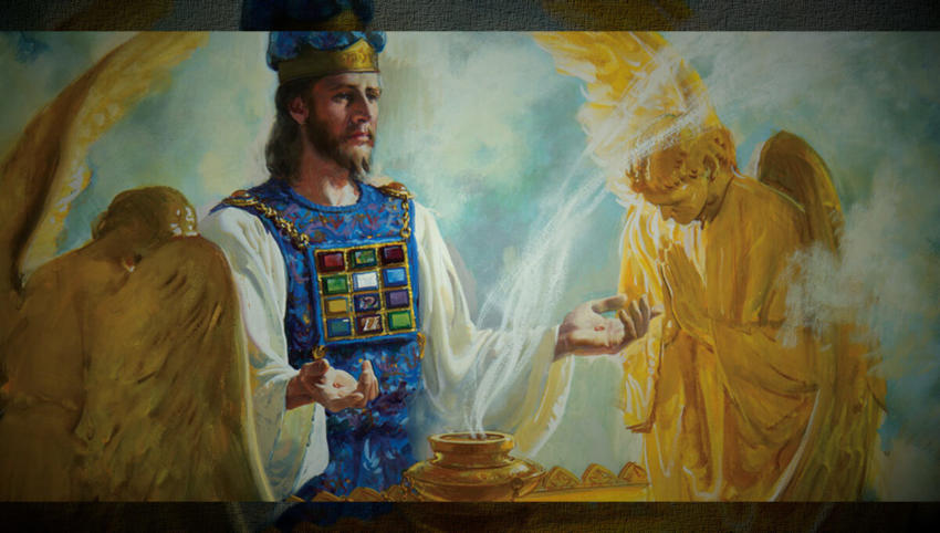 Ilustração: Entre dois querubins dourados, Jesus está vestido como sumo sacerdote, com as mãos perfuradas estendidas sobre a arca dourada da aliança enquanto a fumaça da intercessão sobe do incensário dourado.